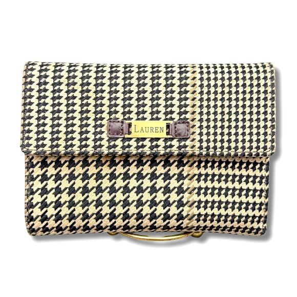 Ralph Lauren Trifold Wallet Womens Fabric Beige Black Houndstooth Brown Interior - Picture 1 of 14